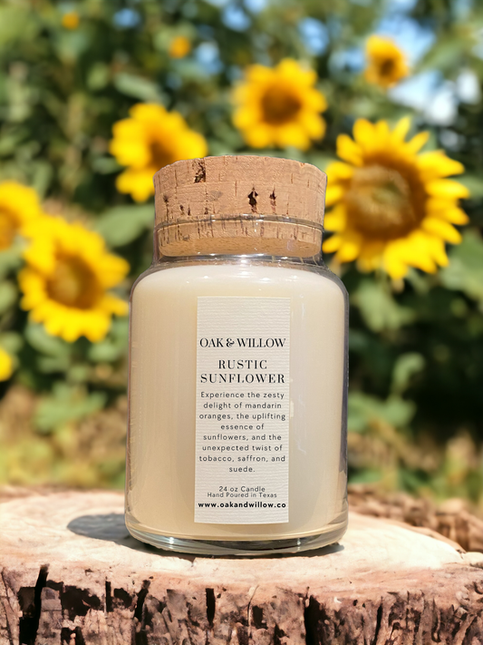 Rustic Sunflower 24oz Natural Cork Apothecary Candle - Mandarin Oranges, Sunflowers, Tobacco, Saffron, and Suede