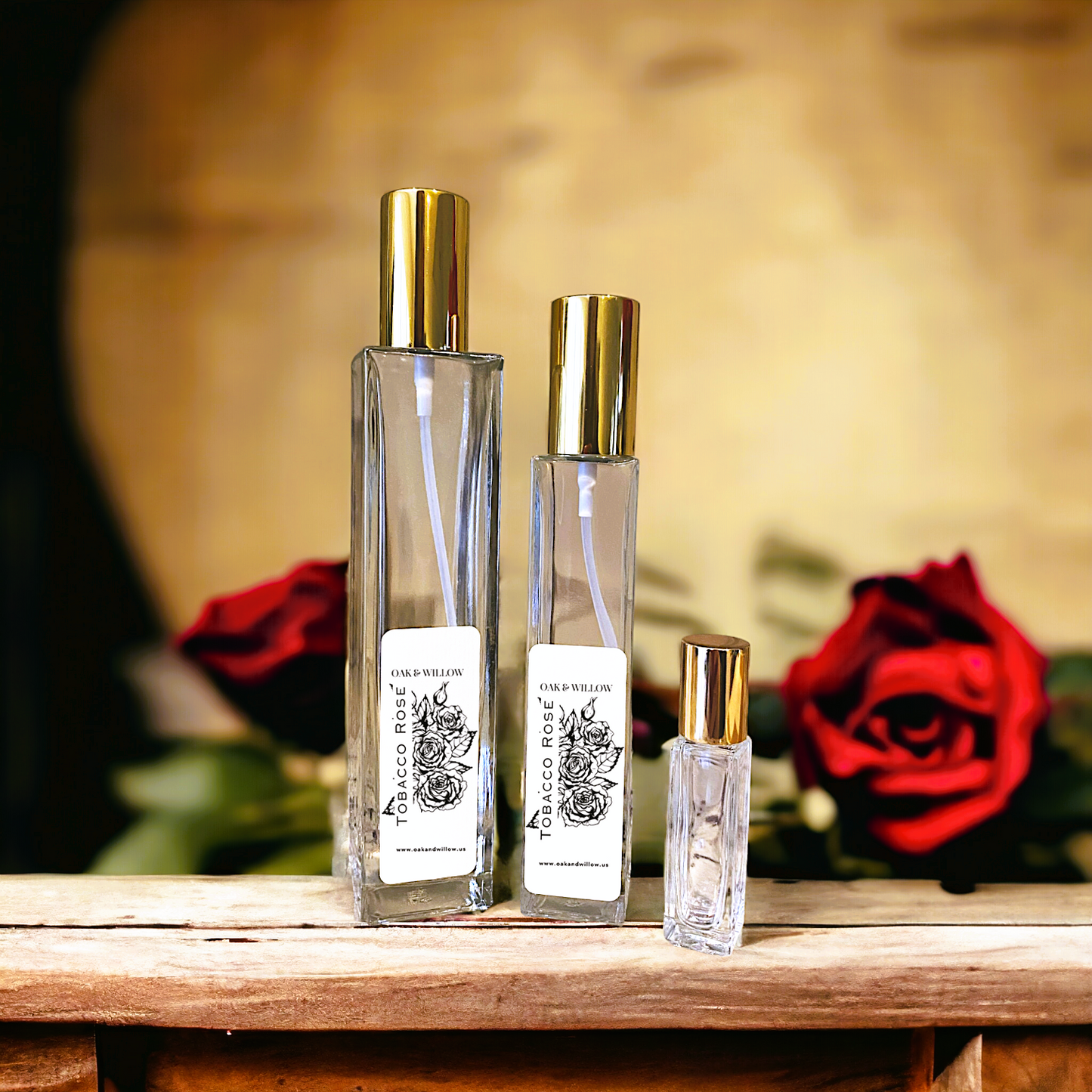 Tobacco Rose Fragrance - Rose petals, Tobacco Leaves, and Vanilla.
