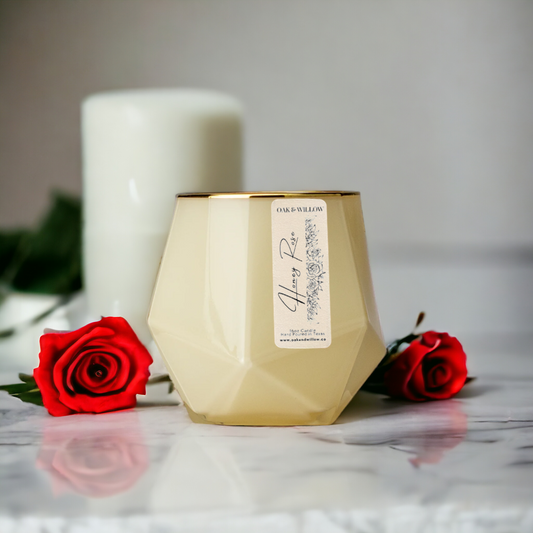 Honey Rose 16oz Luxury Candle CREAM + GOLD RIM - Fresh Roses, Honey, Peach, Mandarin, Gardenia