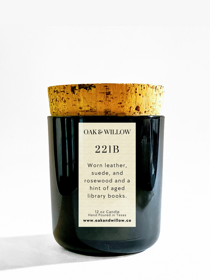 221B 12oz Rustic Translucent Candle - Worn leather, suede, and rosewood and a hint of aged library books.
