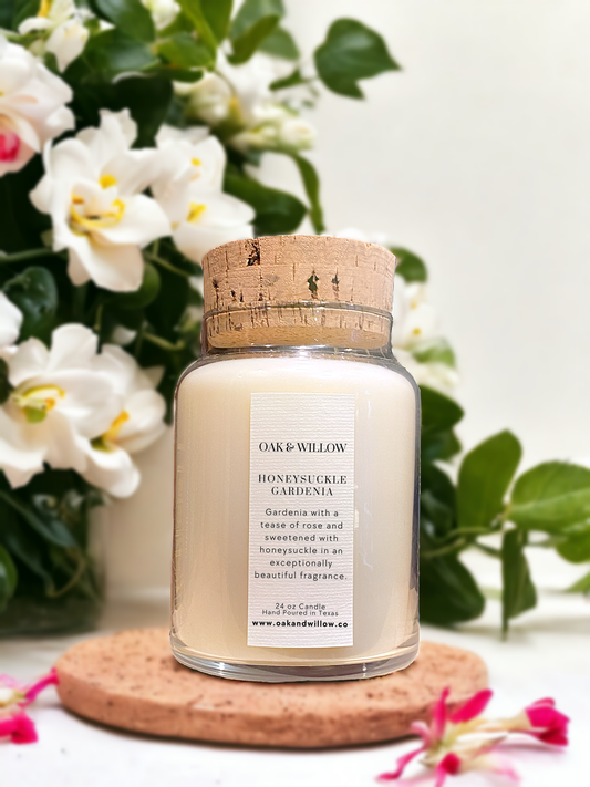 Honeysuckle Gardenia 24oz Natural Cork Apothecary Candle - Notes of pretty gardenia sweetened with Honeysuckle