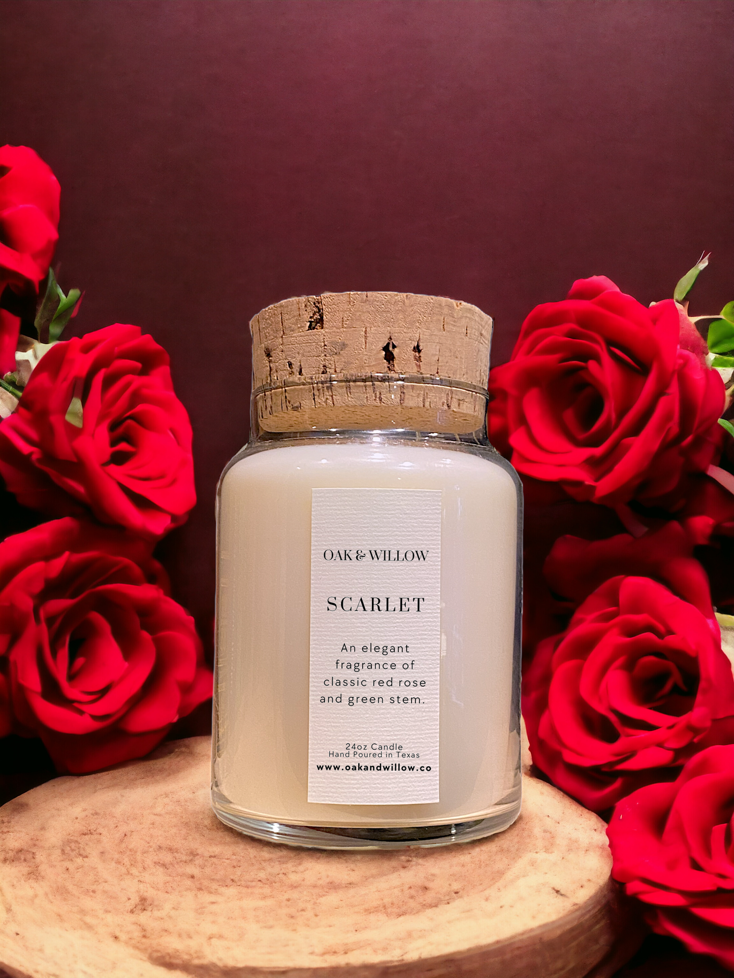 Scarlet 24oz Natural Cork Apothecary Candle - An elegant fragrance of classic red rose and green stem.
