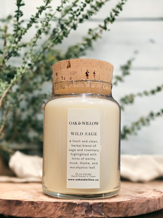 Wild Sage 24oz Natural Cork Apothecary Candle - Blend of sage and rosemary highlighted with hints of earthy musk