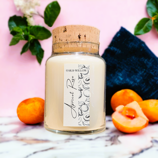 Apricot Rose 24oz Natural Cork Apothecary Candle - Orange peel, lemon, and grapefruit sweetened by gardenia, apple, pineapple, caramel, and peach.
