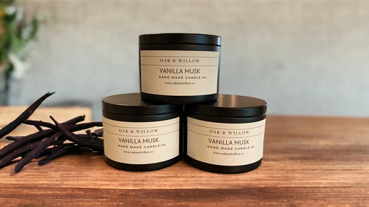 Vanilla Musk 6 oz Classic Tin Candle - Fragrant vanilla beans, bergamot, blonde woods and sensual musk