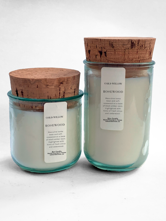 Rosewood Recycled Glass Candle Farmhouse Collection - A mysterious blend of tonka bean, soft rosewood, and black amber resin.