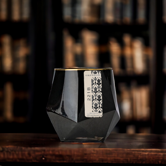221B 16oz Luxury Candle BLACK + GOLD RIM - Worn leather, suede, and rosewood and a hint of aged library books