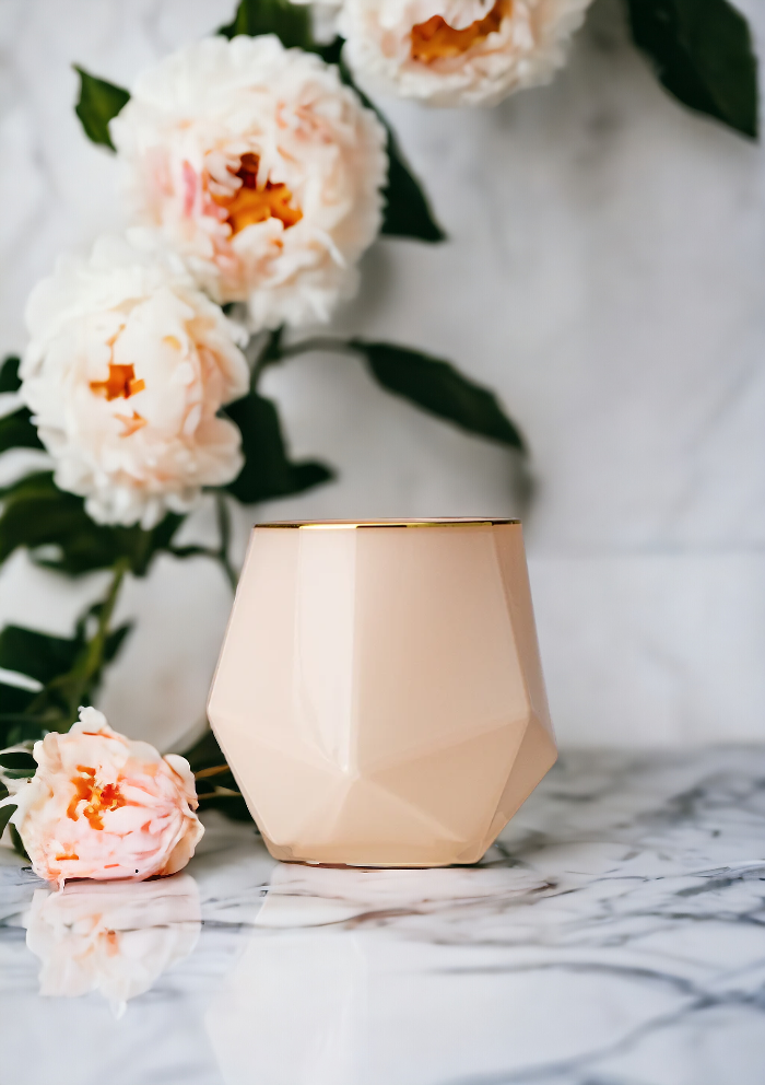 Pink Suede 16oz Luxury Candle SCALLOP SHELL + GOLD RIM - Pink peonies and carnations caressed with suede