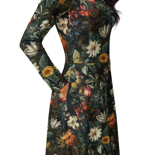 Noir Garden All-over Print Long Sleeve Midi Dress