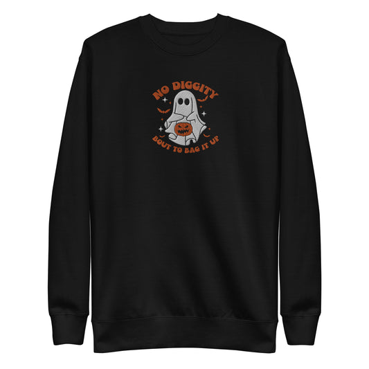 No Diggity About to Bag it Up, Halloween Humor, Funny Ghost Embroidered Unisex Premium Sweatshirt