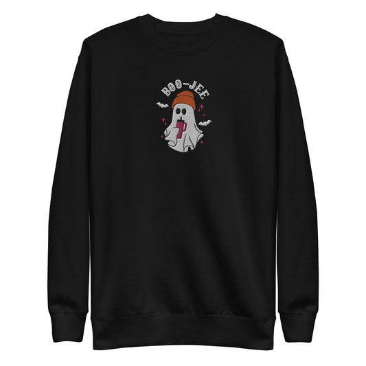 Boo-Jee, Halloween Humor, Funny Ghost, Embroidered Unisex Premium Sweatshirt