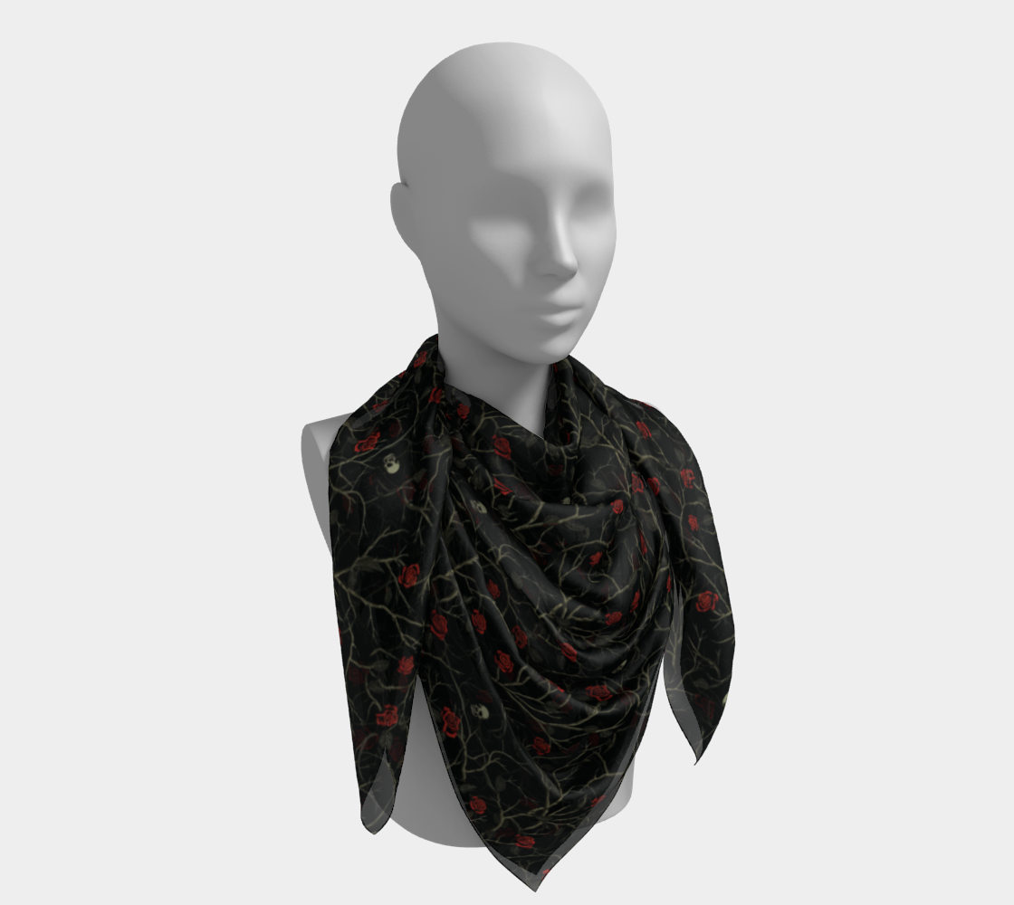 Skull and Roses, Spooky and Kooky, Gothic Square Scarf, Silk Habotai, Silk Charmeuse, Silk Modal, Matte Crepe, Poly Chiffon
